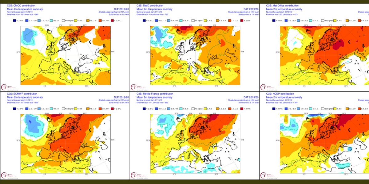 THE LATEST FORECASTS FROM THE WORLD'S SIX LEADING WEATHER AGENCIES ALL SHOW THAT TEMPERATURES IN NORTHERN EUROPE WILL BE ABOVE NORMAL FROM NOVEMBER TO FEBRUARY. FROM LEFT TO RIGHT: THE EURO-MEDITERRANEAN CENTER ON CLIMATE CHANGE (CMCC), THE GERMAN WEATHER SERVICE (DWD), THE UK'S MET OFFICE, THE EUROPEAN CENTRE FOR MEDIUM-RANGE WEATHER FORECASTS (ECMWF), MÉTÉO-FRANCE AND THE US NATIONAL WEATHER SERVICE'S NCEP.