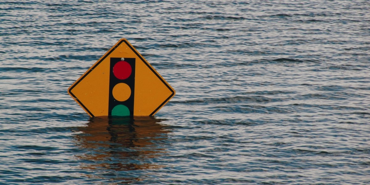 Traffic sign in flood.